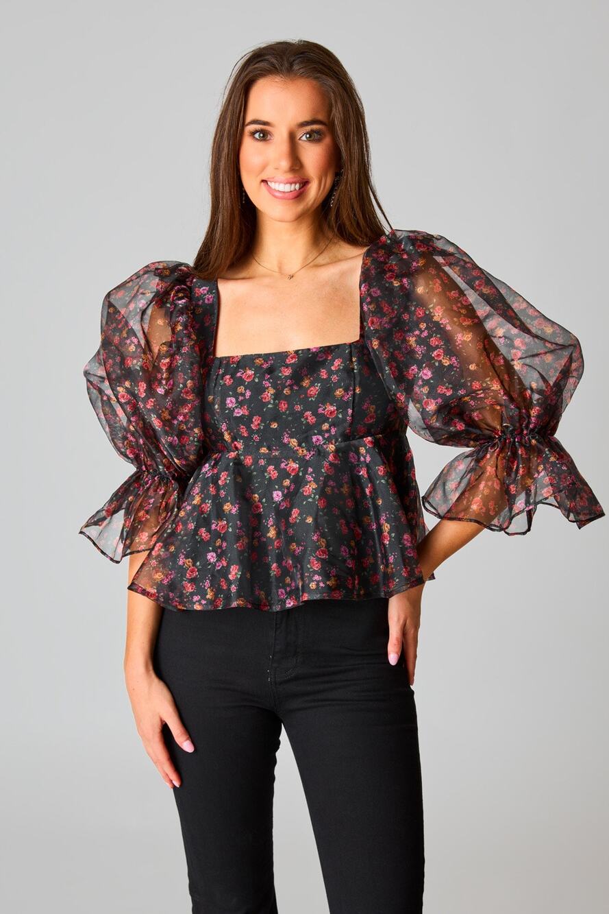 BUDDY LOVE Top MEDIUM Black Floral Peplum Puff Sleeve Shirred Back NEW